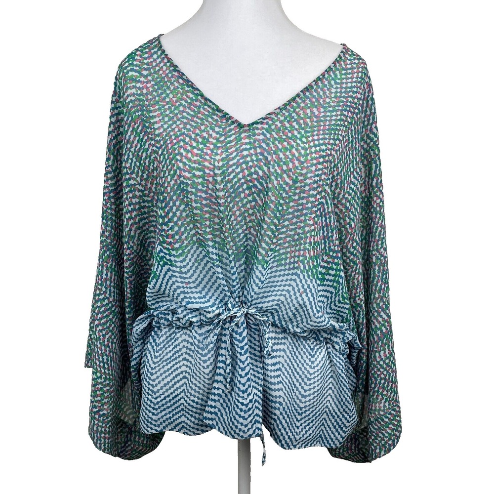 CAbi Top Womens Size Large Boho Casual Dolman Sleeves Tie Waist Colorful Sheer